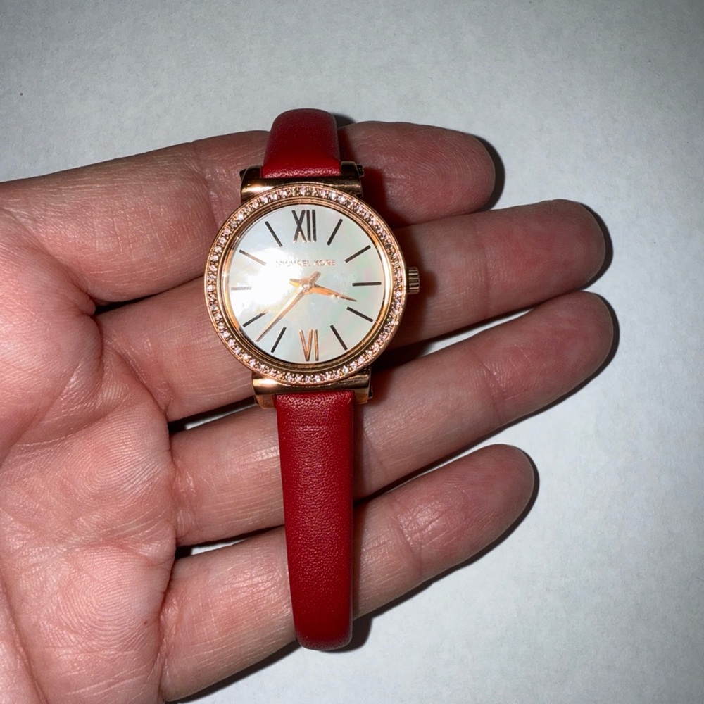 Michael Kors MK2850 Sofie Red Leather Women's Watch NEEDS NEW BATTERY. No Box.